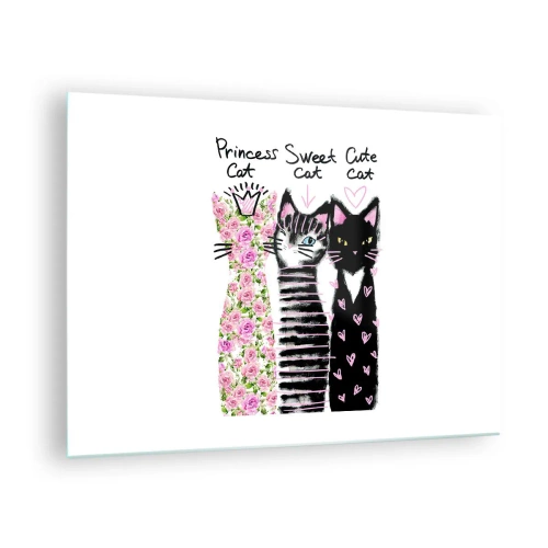 Tablou pe sticlă - Trei pisici adorabile într-un stil artistic cu inscripții pe fundal alb - 70x50cm - Trei pisici - Decorațiune modernă pentru perete pentru living și dormitor ARTTOR