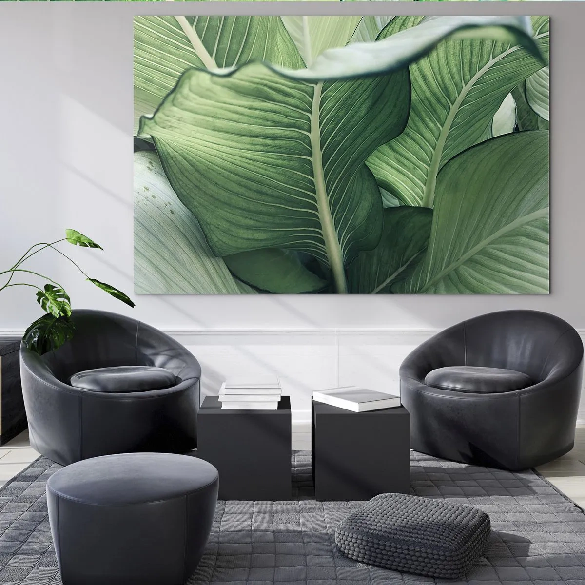 Tablou pe sticlă - Frunze verzi luxuriante în prim-plan și lumină naturală - 70x50cm - Viață intensă în verde - Decorațiune modernă pentru perete pentru living și dormitor ARTTOR