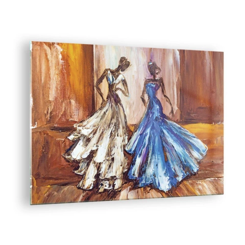 Tablou pe sticlă - Figuri feminine în rochii de bal într-un stil artistic - 70x50cm - Duetul fermecător - Decorațiune modernă pentru perete pentru living și dormitor ARTTOR