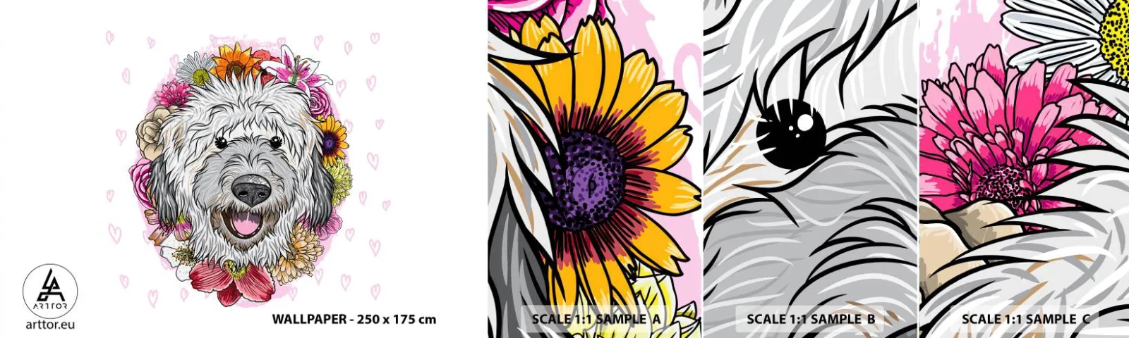 Mostră de Tapet Standard Eco - Bucuria cățelușului - Abstracția, Câine, Pentru copii - 100x30 cm