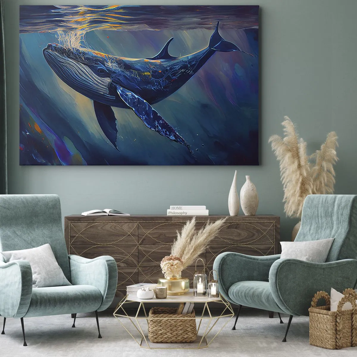 Tablou pe pânză Canvas - O balenă în adâncurile oceanului în culori luminoase - 70x50cm - Bun venit în lumea mea - Decorațiune modernă pentru perete pentru living și dormitor ARTTOR