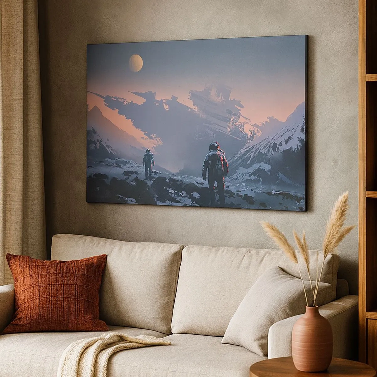 Tablou pe pânză Canvas - Astronauți pe o planetă extraterestră cu o epavă a navei spațiale - 70x50cm - Sub o stea necunoscută - Decorațiune modernă pentru perete pentru living și dormitor ARTTOR