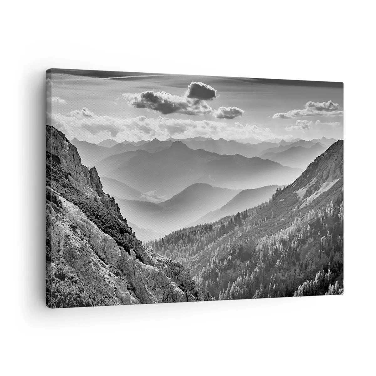 Tablou pe pânză Canvas - Peisaj montan alb-negru cu nori deasupra vârfurilor - 70x50cm - Dincolo de orizont - Decorațiune modernă pentru perete pentru living și dormitor ARTTOR