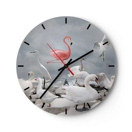 Ceas de perete - Ceas pe sticlă - Un flamingo roz printre lebede albe și stârci deasupra apei - 30x30cm - De unde am venit? - Decorațiune modernă pentru perete pentru living, bucătărie și dormitor ARTTOR