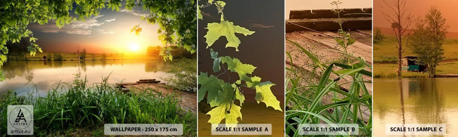 Mostră de Tapet Standard Eco - Peisaj într-un cadru verde - Peisaj, Lac, Pod de lemn - 100x30 cm