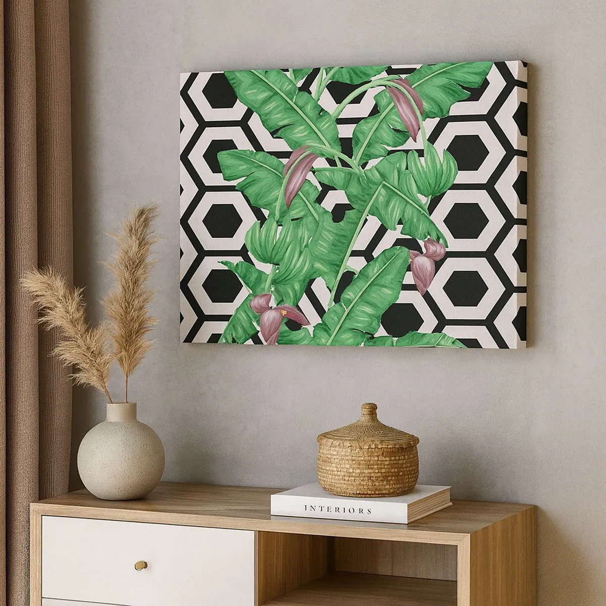 Tablou pe pânză Canvas - Frunze tropicale pe un fundal geometric - 70x50cm - Compoziție simetrică din natură - Decorațiune modernă pentru perete pentru living și dormitor ARTTOR