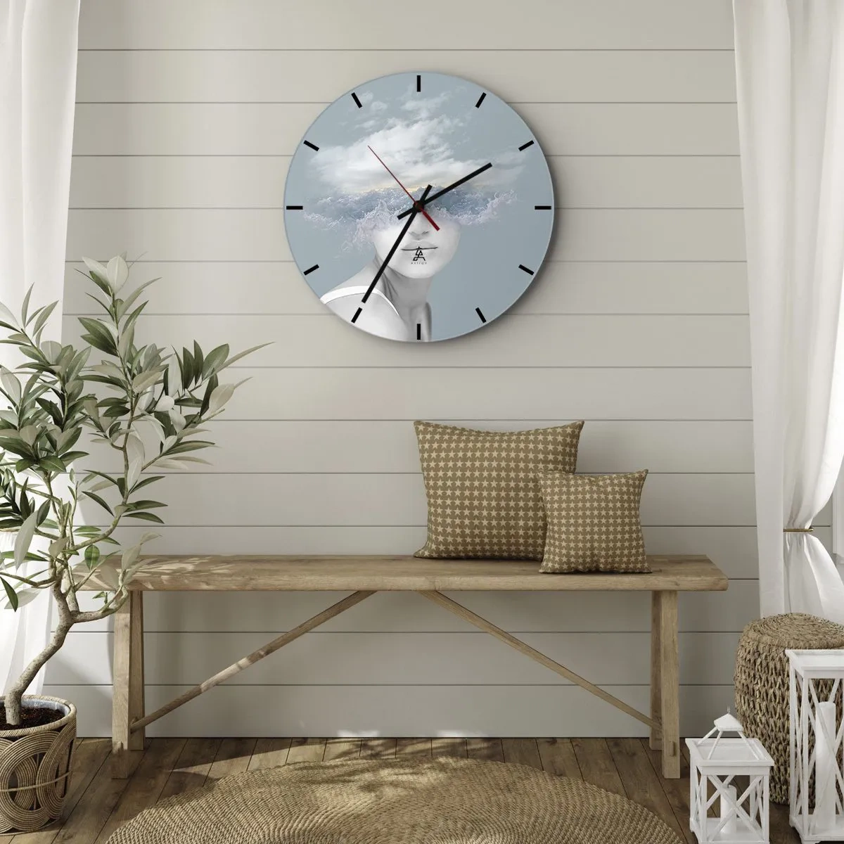 Ceas de perete - Ceas pe sticlă - Portretul unui bărbat cu valuri și nori în loc de ochi. - 30x30cm - Cu capul în nori - Decorațiune modernă pentru perete pentru living, bucătărie și dormitor ARTTOR