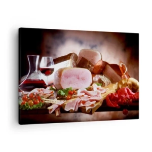 Tablou pe pânză Canvas - Mezeluri cu vin pe fundal rustic - 70x50cm - Un vis culinar cu o carafă - Decorațiune modernă pentru perete pentru living și dormitor ARTTOR