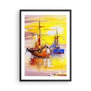 Poster în ramă neagră - Bărci cu pânze colorate la apus - 50x70cm - O binemeritată odihnă în port - Decorațiune modernă pentru perete pentru living și dormitor ARTTOR