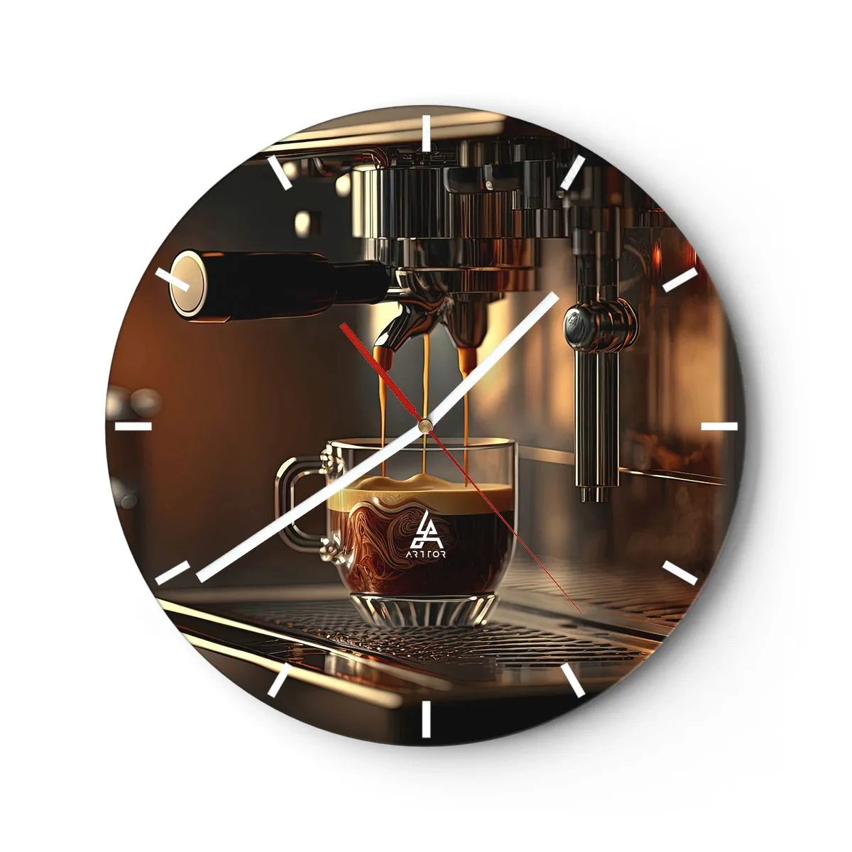 Ceas de perete - Ceas pe sticlă - Un aparat de cafea care toarnă espresso într-un pahar - 30x30cm - Băutură senzuală - Decorațiune modernă pentru perete pentru living, bucătărie și dormitor ARTTOR