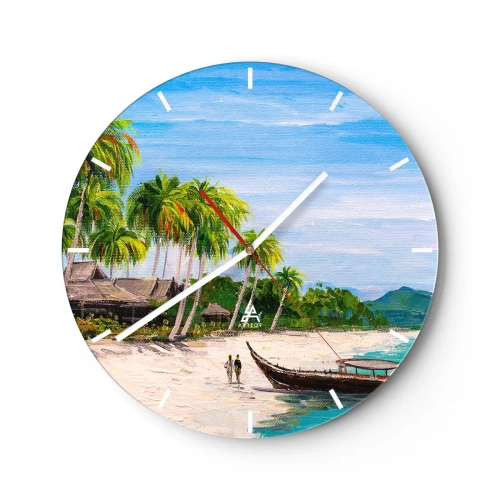 Ceas de perete - Ceas pe sticlă - O plajă cu palmieri, o barcă și clădiri exotice în fundal - 30x30cm - Un vis exotic - Decorațiune modernă pentru perete pentru living, bucătărie și dormitor ARTTOR