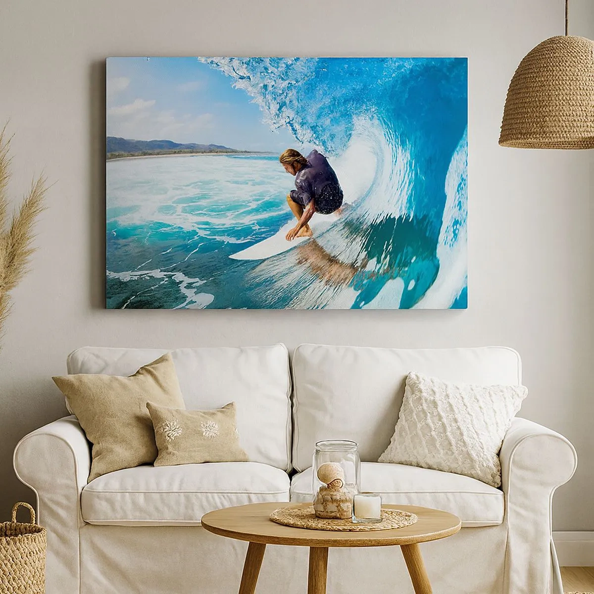 Tablou pe pânză Canvas - Un surfer într-o poză dinamică pe un val în apă turcoaz. - 70x50cm - Dansând cu valurile - Decorațiune modernă pentru perete pentru living și dormitor ARTTOR