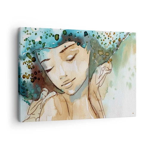 Tablou pe pânză Canvas - Portretul unei femei în culori delicate de acuarelă - 70x50cm - Lady în albastru - Decorațiune modernă pentru perete pentru living și dormitor ARTTOR