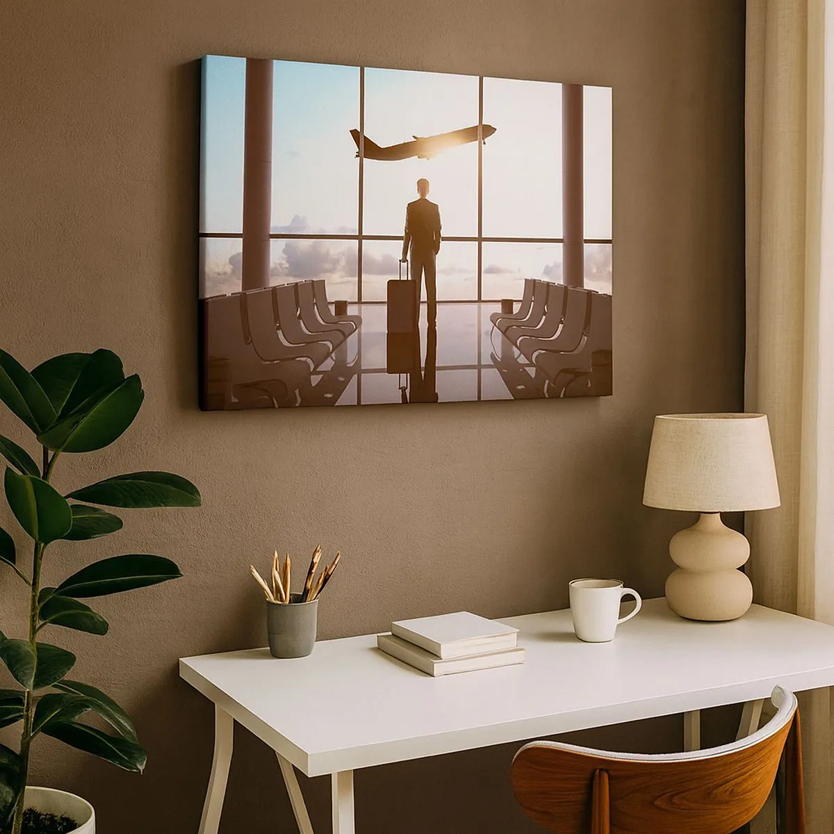 Tablou pe pânză Canvas - Om de afaceri la aeroport cu un avion în fundal - 70x50cm - Ai timp, încetinește - Decorațiune modernă pentru perete pentru living și dormitor ARTTOR