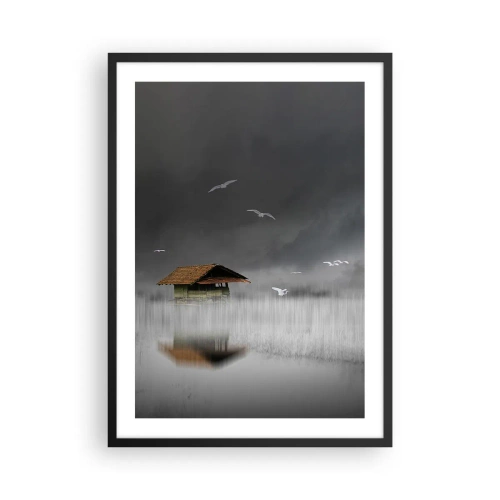 Poster în ramă neagră - O casă plutitoare înconjurată de ceață cu păsări pe un fundal întunecat - 50x70cm - Adăpost de ploaie - Decorațiune modernă pentru perete pentru living și dormitor ARTTOR