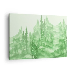 Tablou pe pânză Canvas - Pădure verde în stil acuarelă pe un fundal deschis - 70x50cm - Neclar prin ceața verde - Decorațiune modernă pentru perete pentru living și dormitor ARTTOR