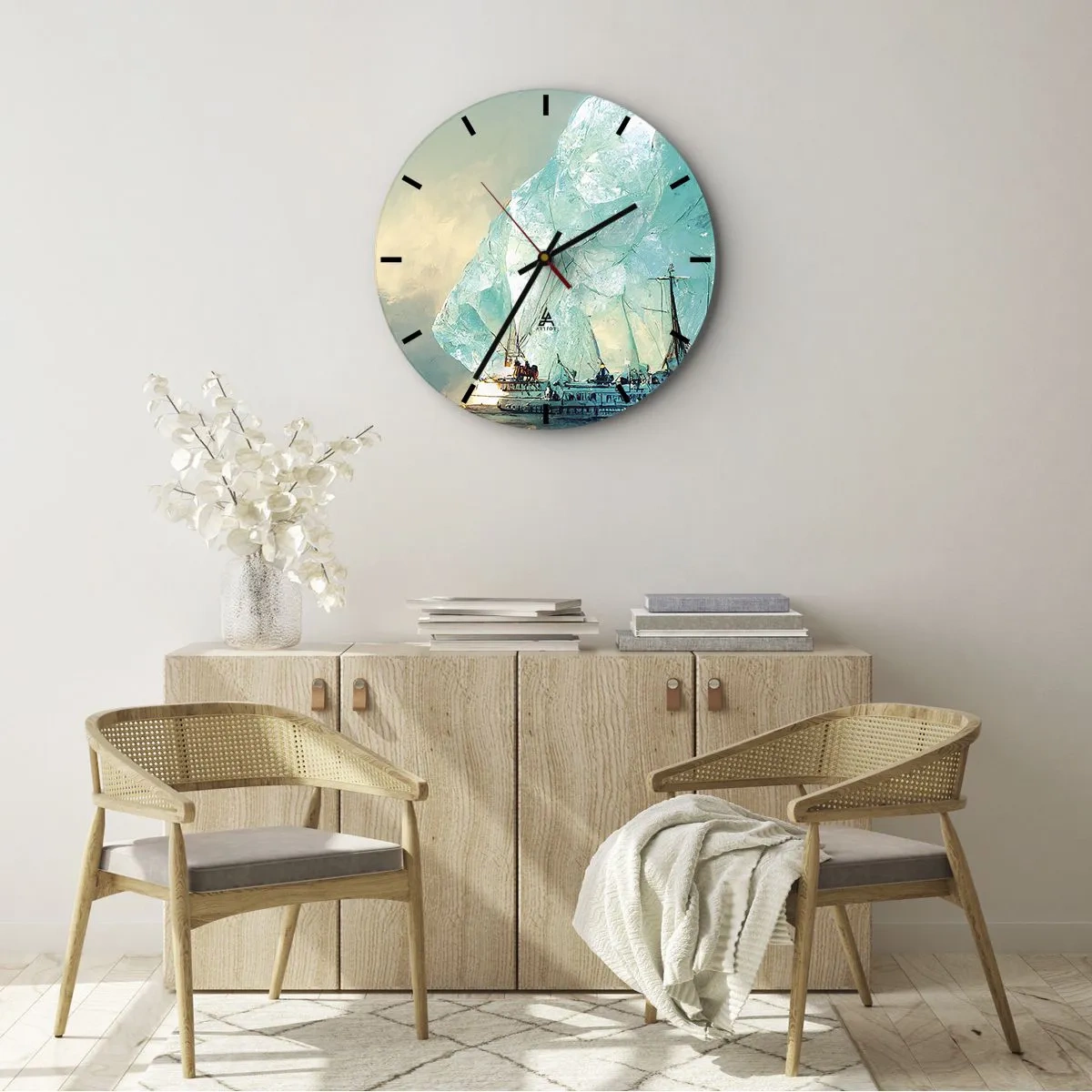 Ceas de perete - Ceas pe sticlă - O navă printre aisberguri albastre pe cer - 30x30cm - Diamant arctic - Decorațiune modernă pentru perete pentru living, bucătărie și dormitor ARTTOR