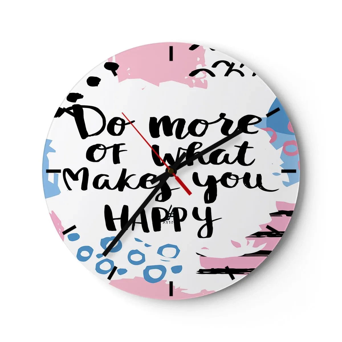 Ceas de perete - Ceas pe sticlă - Inscripția „Fă mai mult din ceea ce te face fericit” pe un fundal deschis - 30x30cm - Cum să fii fericit - Decorațiune modernă pentru perete pentru living, bucătărie și dormitor ARTTOR