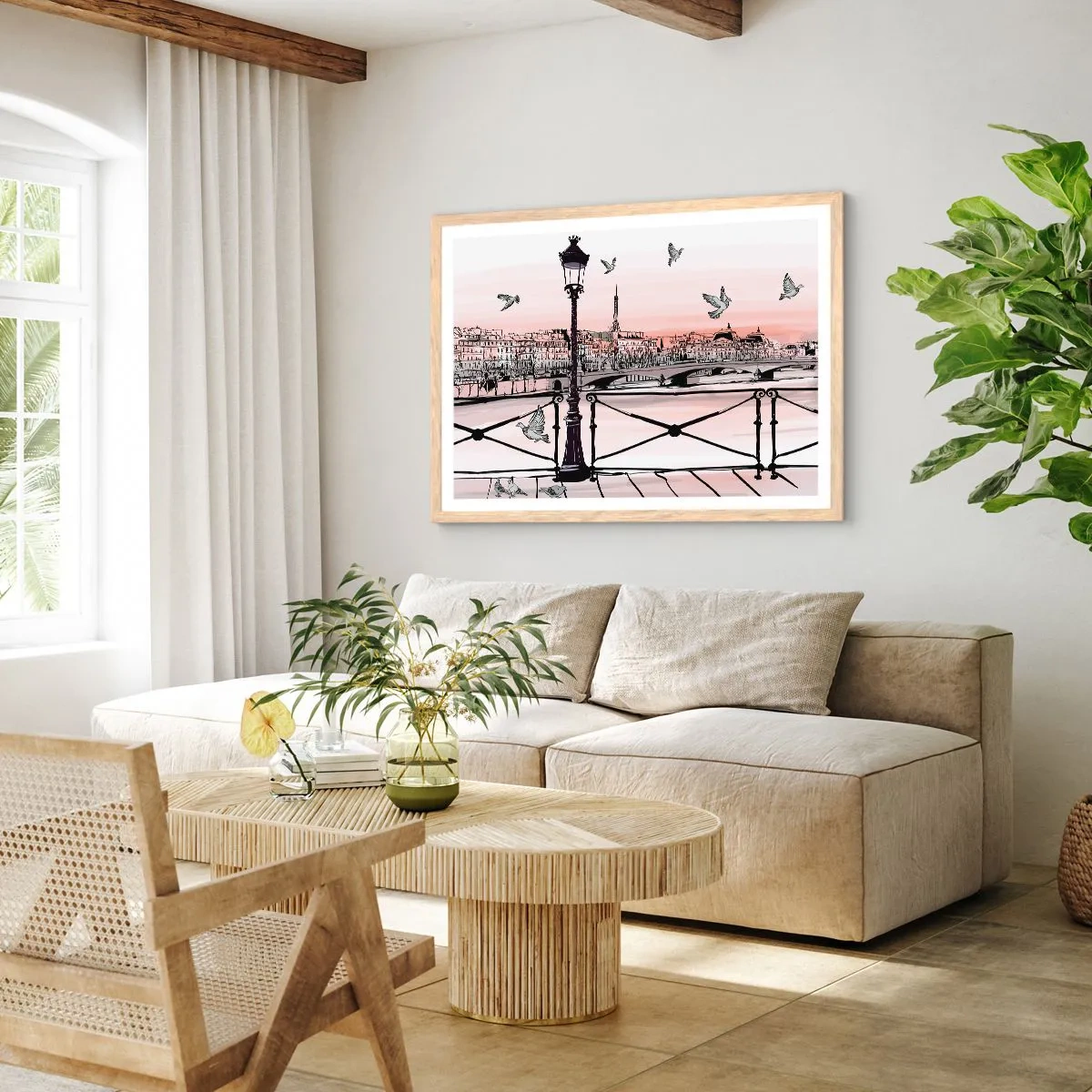 Poster în ramă de stejar deschis - Deasupra acoperișurilor Parisului - 50x40 cm