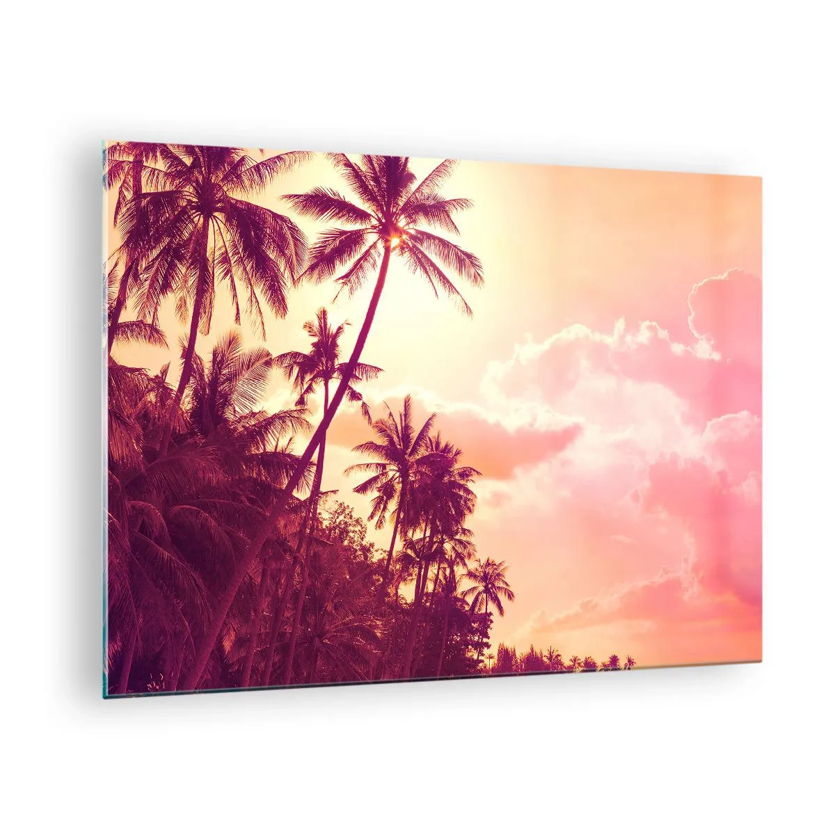 Tablou pe sticlă - Palmieri tropicali în lumina soarelui apus pe un cer roz - 70x50cm - Trebuie să alegeți - Decorațiune modernă pentru perete pentru living și dormitor ARTTOR