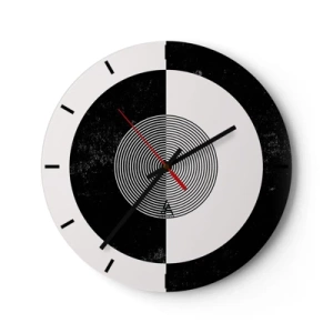 Ceas de perete - Ceas pe sticlă - Model abstract alb-negru cu cercuri concentrice - 30x30cm - Armonie în alb și negru - Decorațiune modernă pentru perete pentru living, bucătărie și dormitor ARTTOR