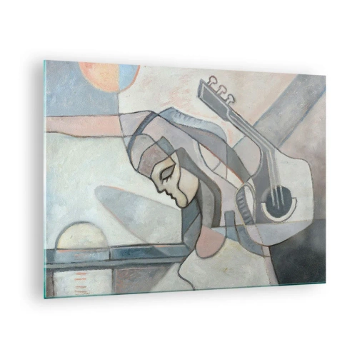 Tablou pe sticlă - Figură artistică a unei femei cu o chitară în culori pastelate - 70x50cm - În puterea muzicii - Decorațiune modernă pentru perete pentru living și dormitor ARTTOR