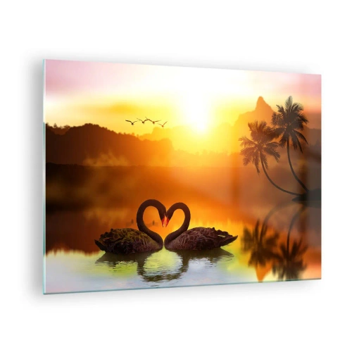 Tablou pe sticlă - Lebede negre pe lac la apus - 70x50cm - Fiecare cu pereche - Decorațiune modernă pentru perete pentru living și dormitor ARTTOR