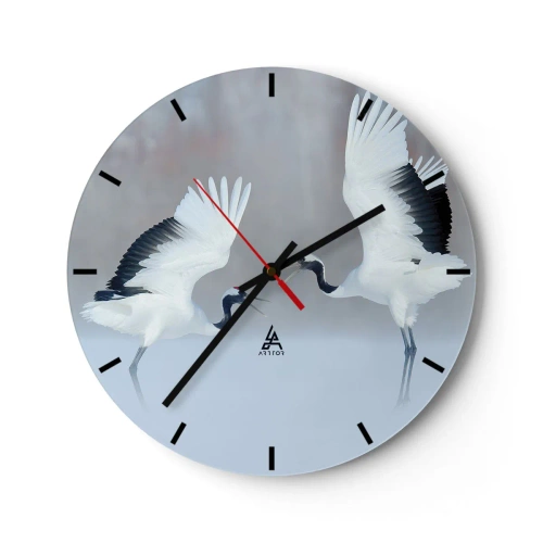Ceas de perete - Ceas pe sticlă - Două cocori dansând într-un peisaj de iarnă - 30x30cm - Dansând în ceață - Decorațiune modernă pentru perete pentru living, bucătărie și dormitor ARTTOR