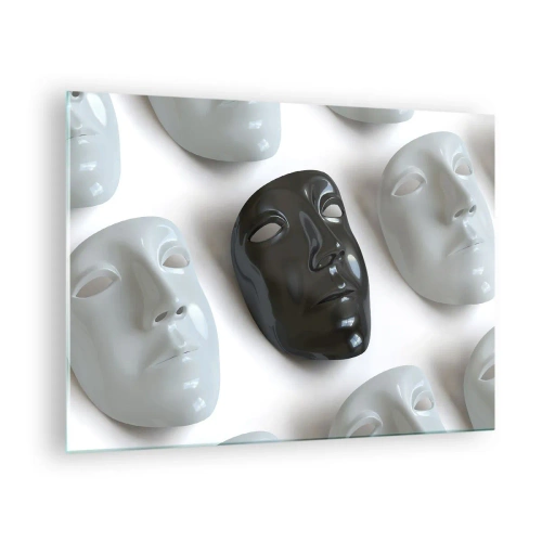 Tablou pe sticlă - O mască alb-negru pe un fundal de măști albe pe un fundal deschis - 70x50cm - Cum să ieșiți în evidență? - Decorațiune modernă pentru perete pentru living și dormitor ARTTOR