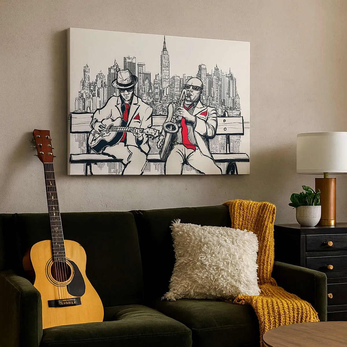 Tablou pe pânză Canvas - Un duo de jazz cu saxofon și chitară pe fundalul orașului - 70x50cm - Improvizație la New York - Decorațiune modernă pentru perete pentru living și dormitor ARTTOR