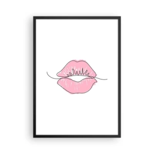 Poster în ramă neagră - Ilustrație minimalistă a buzelor roz pe fundal alb - 50x70cm - Vrei un sărut? - Decorațiune modernă pentru perete pentru living și dormitor ARTTOR