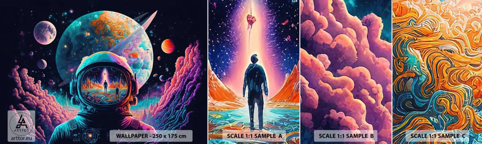 Mostră de Tapet Standard Eco - Visul nevisat al filozofiilor - Astronaut, futurist, Cosmos - 100x30 cm