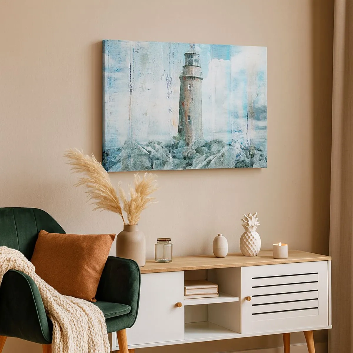 Tablou pe pânză Canvas - Un far pe o coastă stâncoasă în culori pastelate - 70x50cm - Pe lemn vechi - Decorațiune modernă pentru perete pentru living și dormitor ARTTOR