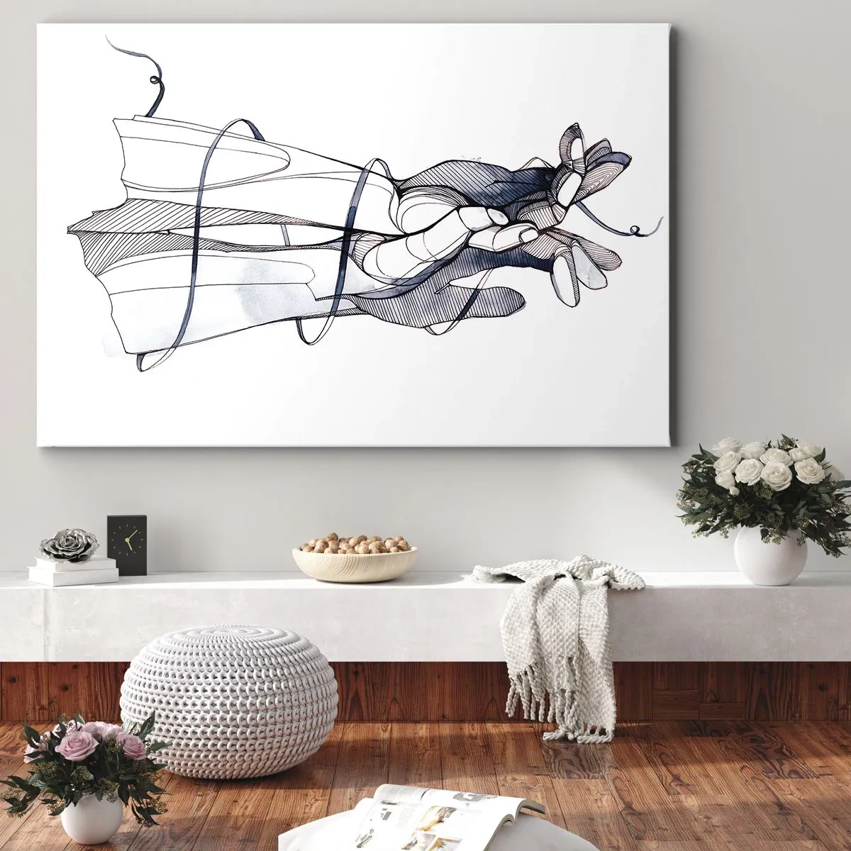 Tablou pe pânză Canvas - Un desen subtil al unei mâini cu o floare delicată - 70x50cm - Un studiu al atingerii - Decorațiune modernă pentru perete pentru living și dormitor ARTTOR