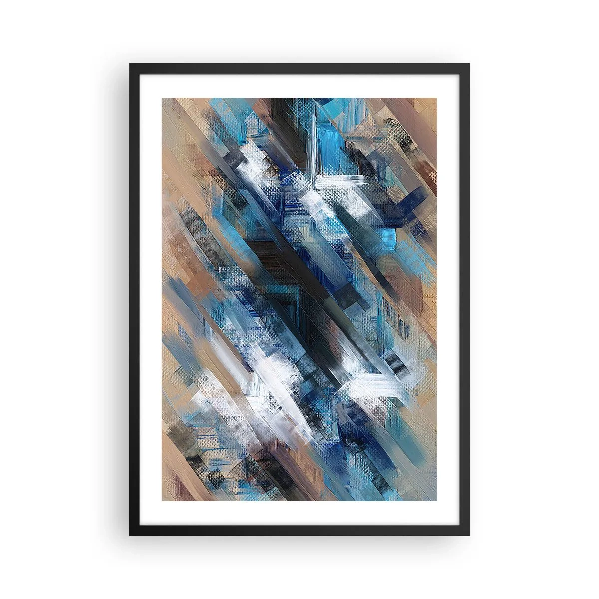 Poster în ramă neagră - O compoziție abstractă cu linii diagonale în nuanțe de albastru. - 50x70cm - Pe o pantă albastră - Decorațiune modernă pentru perete pentru living și dormitor ARTTOR