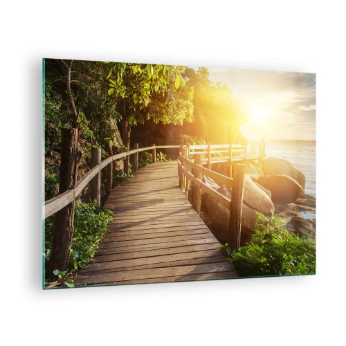 Tablou pe sticlă - alee de lemn printre copaci lângă mare, în lumina apusului - 70x50cm - O altă curbă, o altă minune - Decorațiune modernă pentru perete pentru living și dormitor ARTTOR