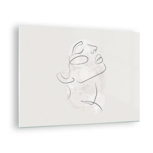 Tablou pe sticlă - Fața unei femei minimaliste desenată cu o singură linie. - 70x50cm - Schiță de vis - Decorațiune modernă pentru perete pentru living și dormitor ARTTOR
