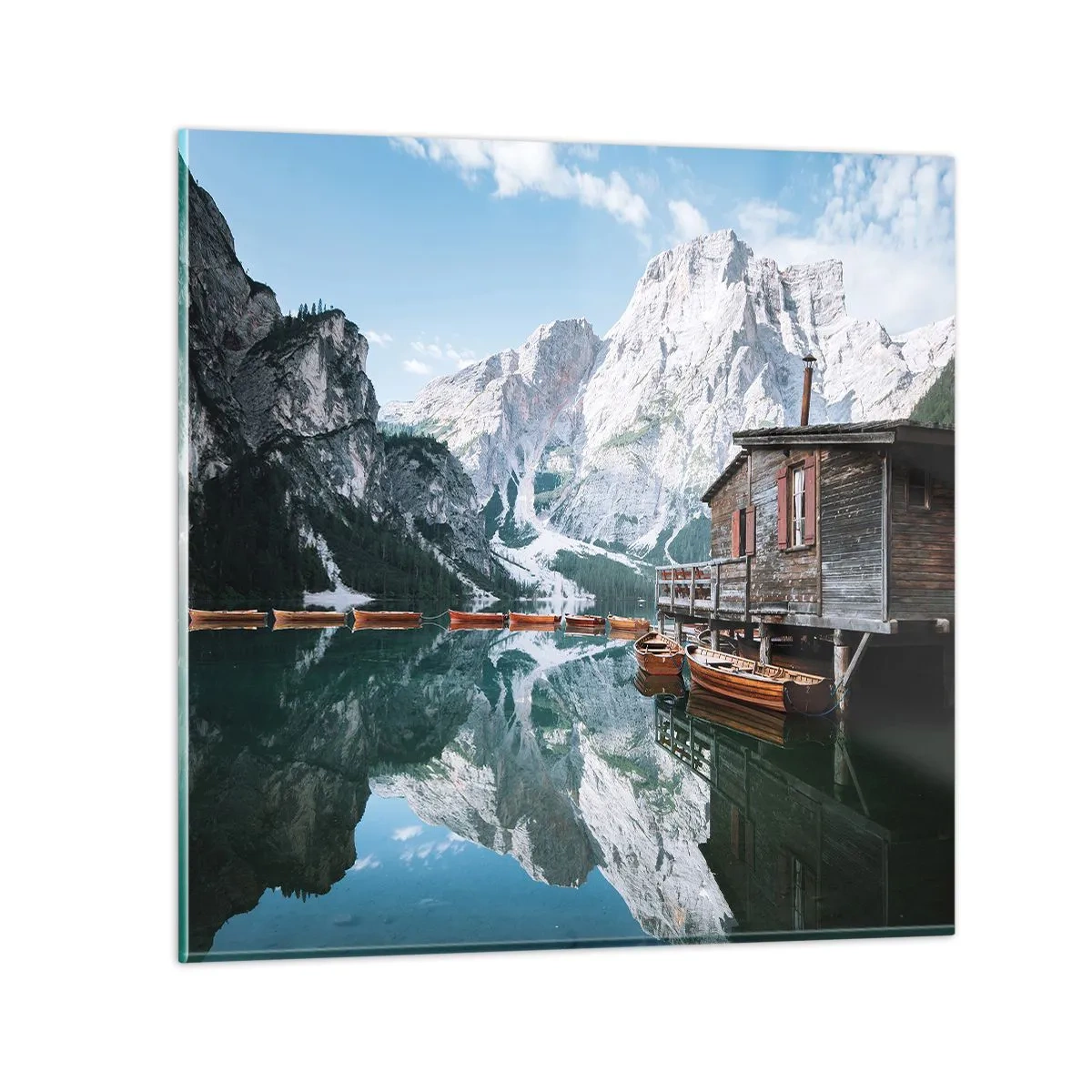 Tablou pe sticlă - Dimineață cristalină de munte - 60x60 cm