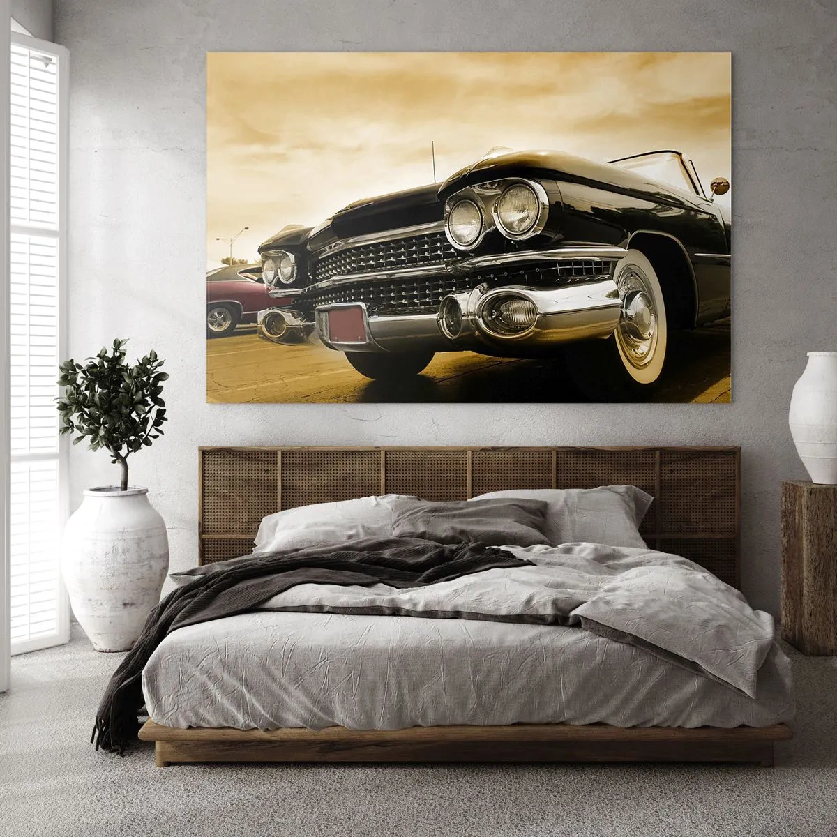 Tablou pe sticlă - Partea din față a unei mașini clasice într-un stil retro elegant - 70x50cm - Clasicul nu se demodează niciodată - Decorațiune modernă pentru perete pentru living și dormitor ARTTOR