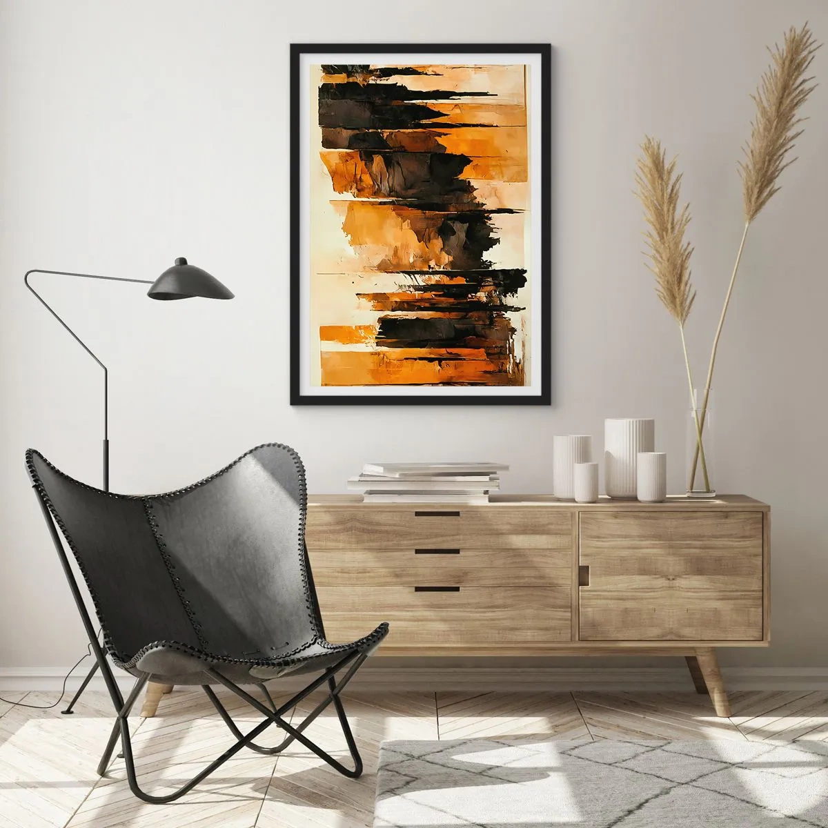 Poster în ramă neagră - O compoziție abstractă în nuanțe calde de maro și negru. - 50x70cm - Armonie de negru și auriu - Decorațiune modernă pentru perete pentru living și dormitor ARTTOR