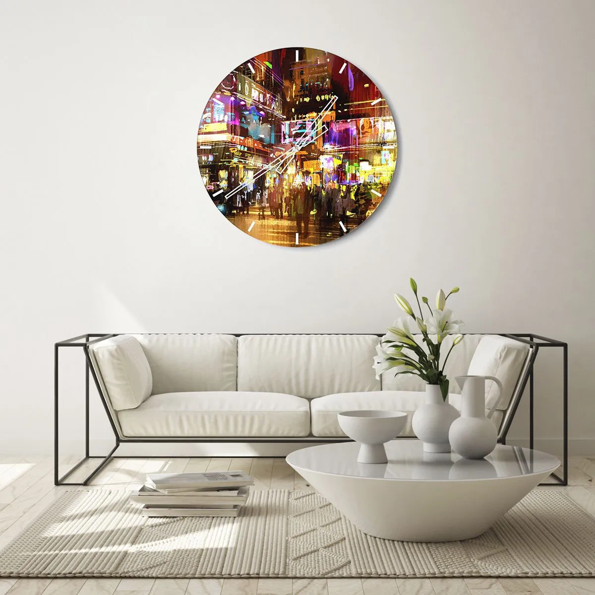 Ceas de perete - Ceas pe sticlă - Peisaj urban nocturn plin de lumini neon - 30x30cm - Într-o mare de lumină - Decorațiune modernă pentru perete pentru living, bucătărie și dormitor ARTTOR