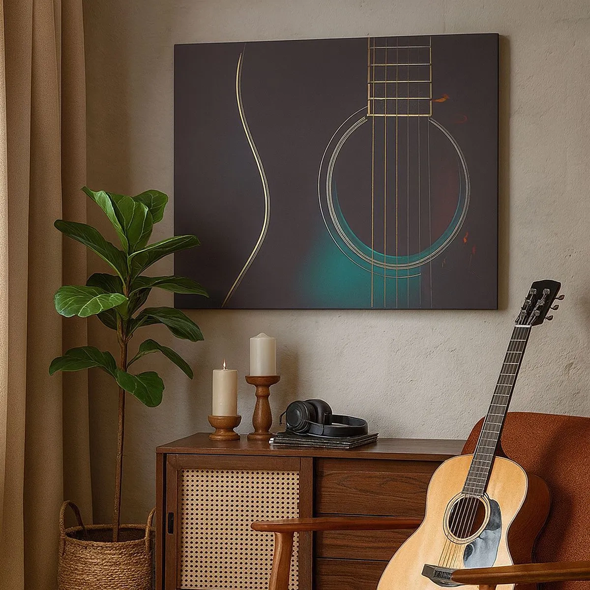 Tablou pe pânză Canvas - Chitară acustică în lumină întunecată și elegantă - 70x50cm - O clipă înainte de a suna - Decorațiune modernă pentru perete pentru living și dormitor ARTTOR