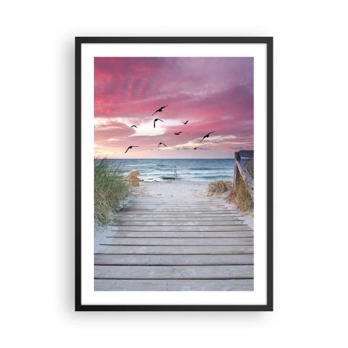 Poster în ramă neagră - Cale de lemn pe plajă cu vedere la mare la apus - 50x70cm - Impresie baltică - Decorațiune modernă pentru perete pentru living și dormitor ARTTOR