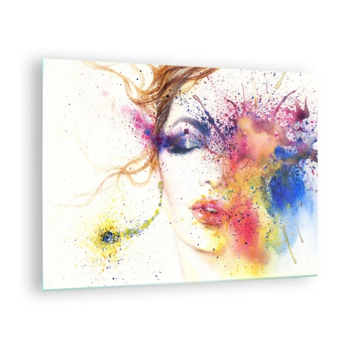 Tablou pe sticlă - Portret abstract al unei femei cu stropi de vopsea curcubeu - 70x50cm - Amețeala curcubeului - Decorațiune modernă pentru perete pentru living și dormitor ARTTOR