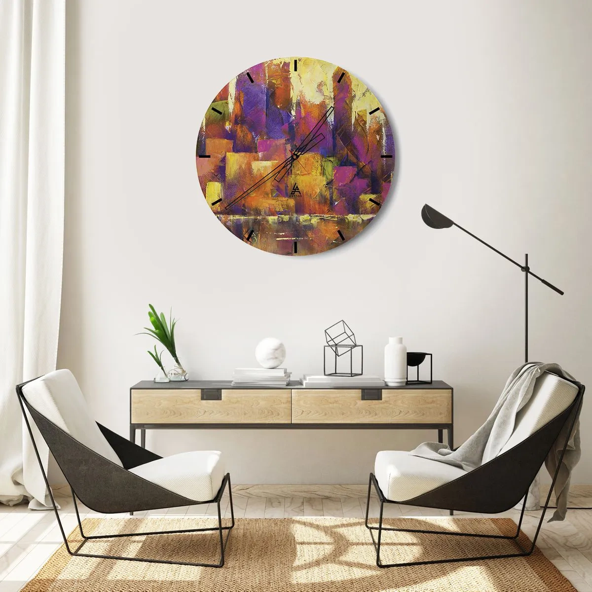 Ceas de perete - Ceas pe sticlă - O compoziție abstractă în nuanțe de galben și violet. - 30x30cm - Compoziția metropolitană - Decorațiune modernă pentru perete pentru living, bucătărie și dormitor ARTTOR