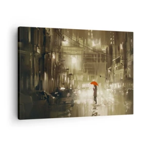 Tablou pe pânză Canvas - O figură cu o umbrelă roșie într-un oraș ploios - 70x50cm - Singură, dar nu singuratică - Decorațiune modernă pentru perete pentru living și dormitor ARTTOR