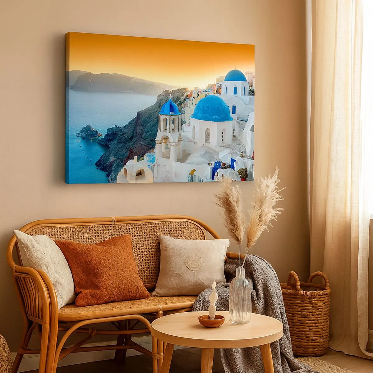 Tablou pe pânză Canvas - Vedere a orașului Santorini cu clădiri albe și mare albastră - 70x50cm - Santorini - îmbrățișat de stânci - Decorațiune modernă pentru perete pentru living și dormitor ARTTOR