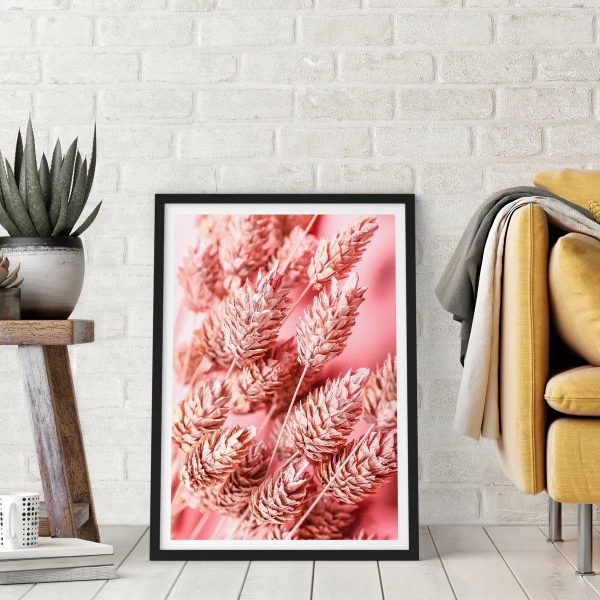 Poster în ramă neagră - Prim-plan al spicelor de cereale uscate pe un fundal roz - 50x70cm - Cascadă florală în roz - Decorațiune modernă pentru perete pentru living și dormitor ARTTOR