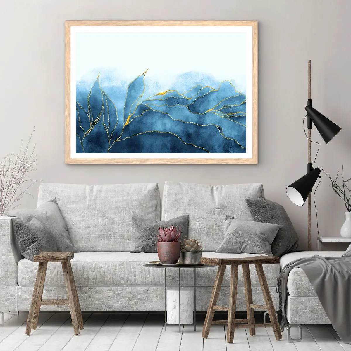 Poster în ramă de stejar deschis - Albastru în aur - 100x70 cm
