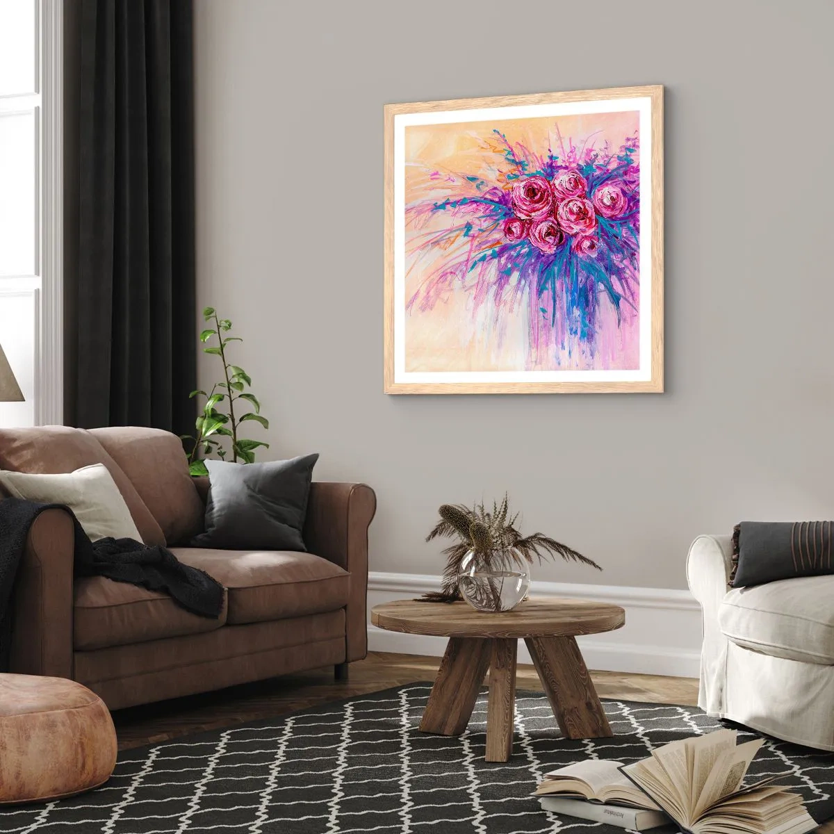 Poster în ramă de stejar deschis - Fântână de trandafiri - 50x50 cm